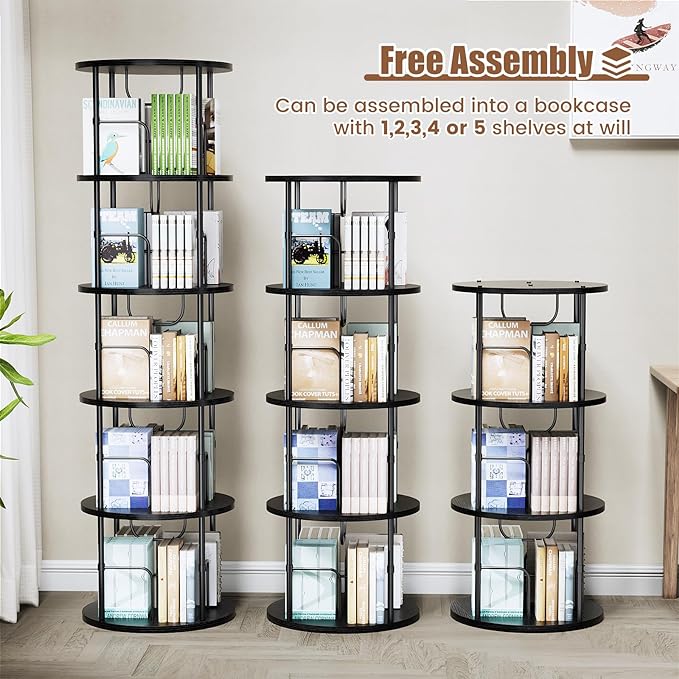 Rotating Bookshelf, 4 Tier Spinning Bookshelf Tower, 360° Display Unique Round Bookcase, Floor Standing Corner Revolving Bookshelf Storage Organizer for Small Spaces, Home Study Office, Black - LeafyLoom
