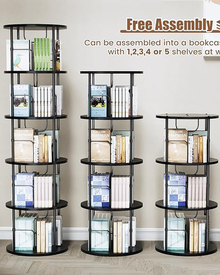 Rotating Bookshelf, 3 Tier Round Revolving Bookcase with Special Visible Partition Storage, 360° Display Spinning Bookshelf Tower Storage Organizer Rack for Bedroom, Living Room, Small Space, Black - LeafyLoom