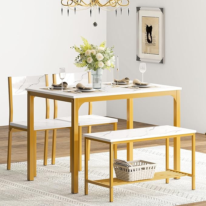 SogesHome Home Kitchen Table Set for 4, Compact Dining Table Chair Set, 4 Pieces Table Chair Bench Set for Small Place, Apartment, Golden - LeafyLoom