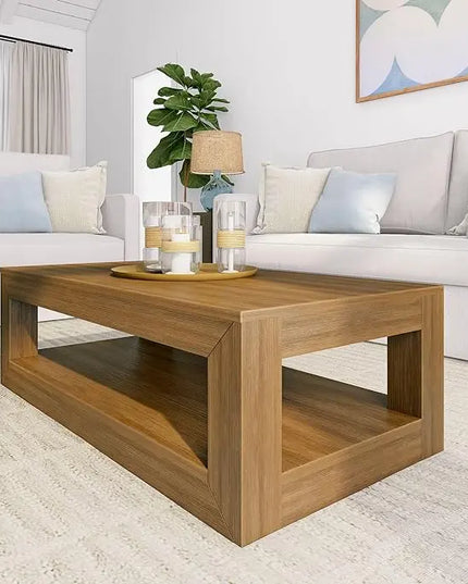 Plank+Beam Modern Rectangular Coffee Table with Shelf, Solid Wood, 40 Inch, Center Table with Storage, 2 Tier Tea Table for Living Room, Pecan Wirebrush - LeafyLoom