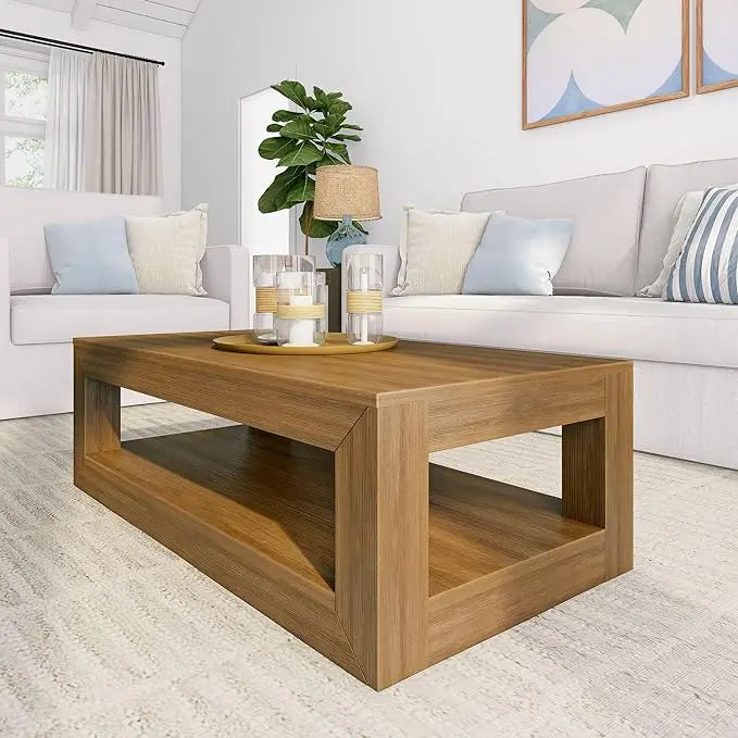 Plank+Beam Modern Rectangular Coffee Table with Shelf, Solid Wood, 40 Inch, Center Table with Storage, 2 Tier Tea Table for Living Room, Pecan Wirebrush - LeafyLoom