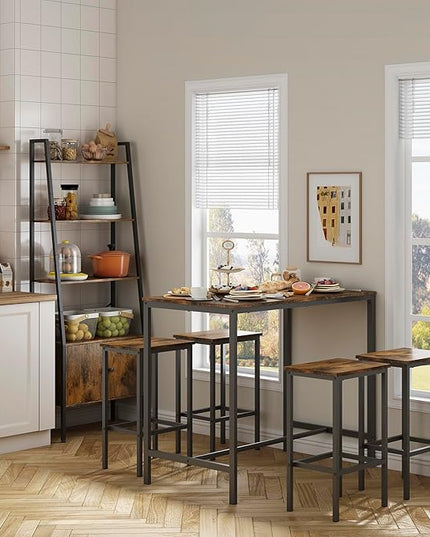 Dining Table Set for 4, Bar Table and Chairs Set, Square Bar Table with 4 High Stools with Footrest, Industrial Counter Height Dining Pub Bar Table Set for 2, for Home Kitchen Breakfast, Rustic Brown - LeafyLoom