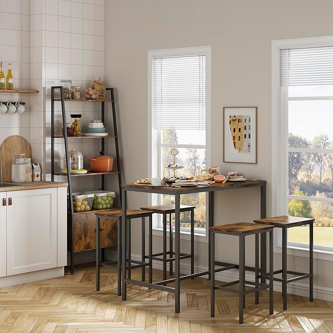 Dining Table Set for 4, Bar Table and Chairs Set, Square Bar Table with 4 High Stools with Footrest, Industrial Counter Height Dining Pub Bar Table Set for 2, for Home Kitchen Breakfast, Rustic Brown - LeafyLoom