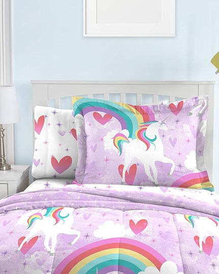 dream FACTORY Kids 5-Piece Complete Set Easy-Wash Super Soft Microfiber Comforter Bedding, Twin, Purple Unicorn Rainbow - LeafyLoom