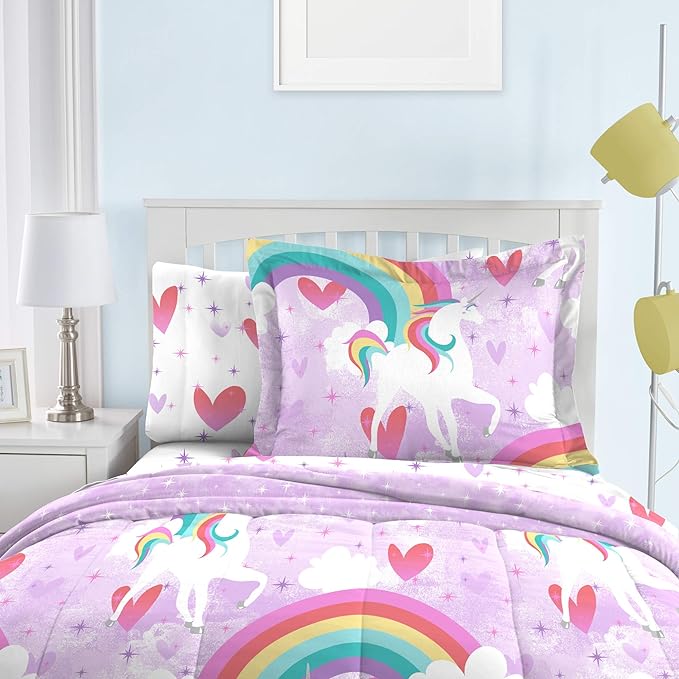 dream FACTORY Kids 5-Piece Complete Set Easy-Wash Super Soft Microfiber Comforter Bedding, Twin, Purple Unicorn Rainbow - LeafyLoom