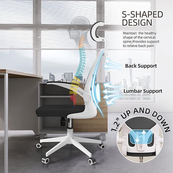 Ergonomic Office Chair, High Back Mesh Computer Desk Chair with Flip-up Arms, Adjustable Lumbar Support & Headrest, Swivel Rolling Task Chair for Home Office, Bedroom, Study, College Dorm（White&Black - LeafyLoom