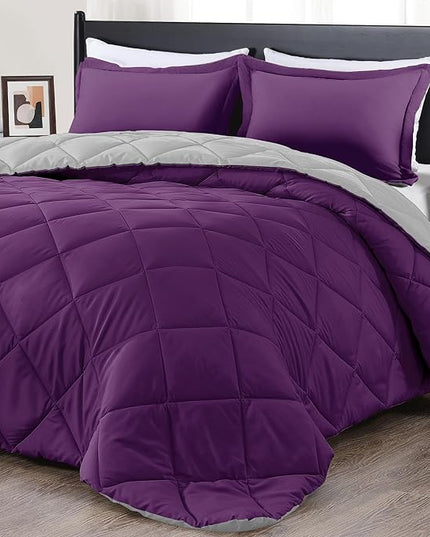 downluxe King Size Comforter Set - Purple and Grey King Comforter, Soft Bedding Sets for All Seasons -3 Pieces - 1 Comforter (104"x92") and 2 Pillow Shams(20"x36") - LeafyLoom