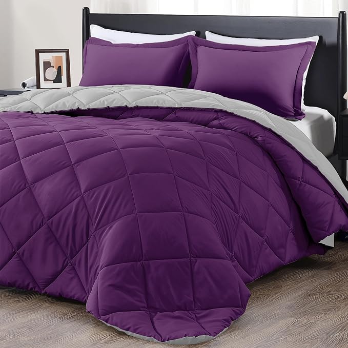 downluxe King Size Comforter Set - Purple and Grey King Comforter, Soft Bedding Sets for All Seasons -3 Pieces - 1 Comforter (104"x92") and 2 Pillow Shams(20"x36") - LeafyLoom