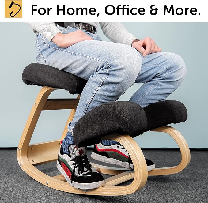 Ergonomic Kneeling Office Chair - Rocking Home & Work Wooden Computer Desk Chairs, Back & Neck Spine Pain, Better Posture, Ergo Knee Support Stool, Cross Legged Sitting (Black) - LeafyLoom