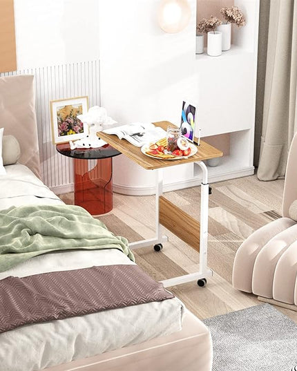 SogesGame Mobile Sofa Side Table, Industrial C Table with Wheels, Portable Desk Cart Tray End Table Height Adjustable, Snack Table for Couch Sofa, Oak，05#3-60OK-S8-US - LeafyLoom