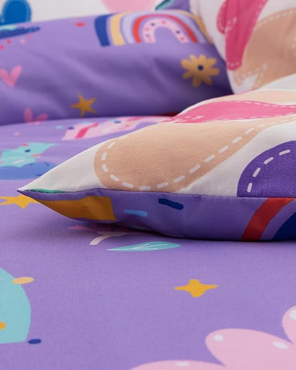 Btargot Lightweight Soft 3 Piece Rainbow Comforter Set with 2 Pillow Covers, Cartoon Love Hearts Flowers and Sun Star Bedding Set for Girls Boys Kids, Twin Dark Purple - LeafyLoom