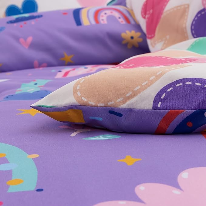 Btargot Lightweight Soft 3 Piece Rainbow Comforter Set with 2 Pillow Covers, Cartoon Love Hearts Flowers and Sun Star Bedding Set for Girls Boys Kids, Twin Dark Purple - LeafyLoom