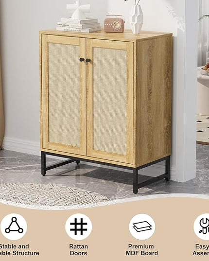 Sideboard Buffet Cabinet, Storage Cabinet with Double Rattan Doors, Modern Rattan Sideboard Cabinet, Kitchen Storage Cabinet with Metal Feet, for Entryway, Bedroom, Living Room (Natural Wood) - LeafyLoom