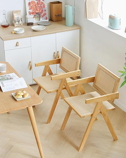 Rattan Dining Chairs Set of 2, Modern Mid Century Accent Chairs, Comfy Armchairs, Outdoor Rattan Chairs with Armrest for Bedroom Living Room Reading Room Dining Kitchen - LeafyLoom