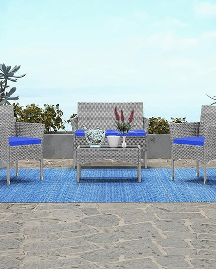 Patio Furniture, 4 Piece Conversation Set, Outdoor Wicker Rattan Table and Chairs, Sectional Sofa with Thick Cushion for Garden, Yard, or Porch, Light Grey - LeafyLoom