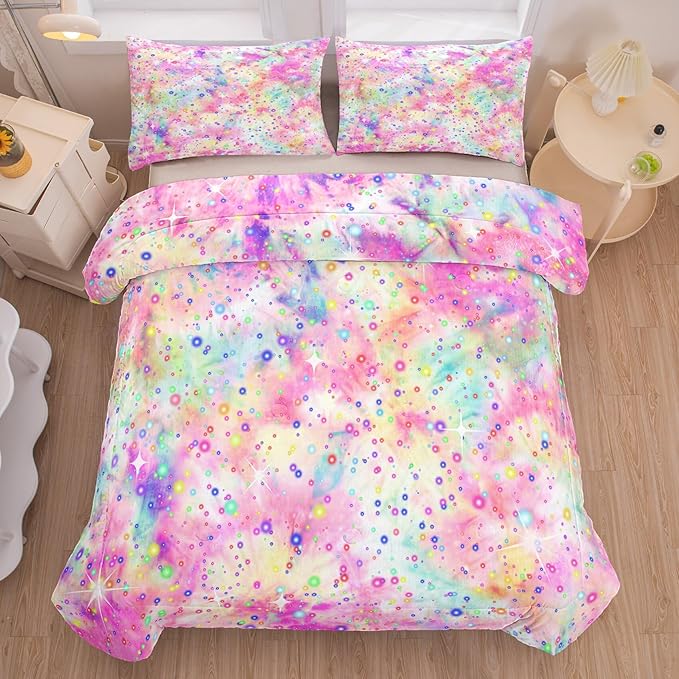 Pink Comforter Set for Girls, Bed in A Bag Twin Size, Purple Pink Tie Dye Pastel Comforter Set with Fitted Sheet and Flat Sheet - LeafyLoom