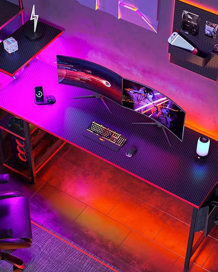 Bestier 61 Inch Gaming Desk with LED Lights, Reversible Shelves, Height Adjustable Shelf, Steel Frame, CARB P2 Class Board, Black Grained - LeafyLoom