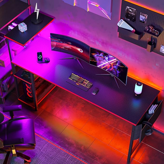 Bestier 61 Inch Gaming Desk with LED Lights, Reversible Shelves, Height Adjustable Shelf, Steel Frame, CARB P2 Class Board, Black Grained - LeafyLoom