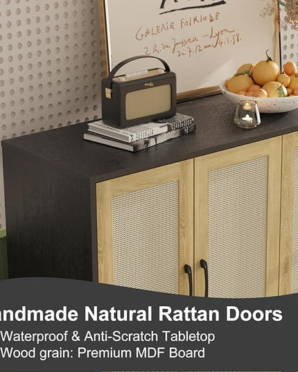 Storage Cabinet with Rattan Trim - 4 Door Sideboard Buffet Cabinet with Storage, Accent Cabinet with Shelves for Bathroom, Coffee Bar, Kitchen, Living Room, Hallway (Black) - LeafyLoom