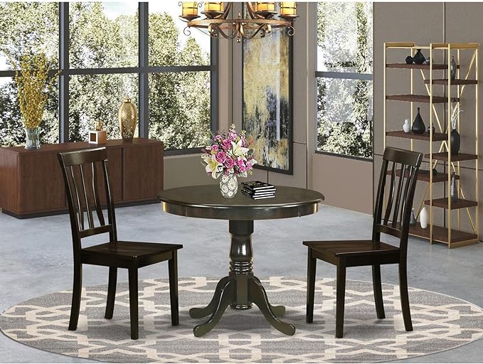 East West Furniture ANTI3-CAP-W Antique 3 Piece Set Contains a Round Kitchen Table with Pedestal and 2 Dining Chairs, 36x36 Inch - LeafyLoom