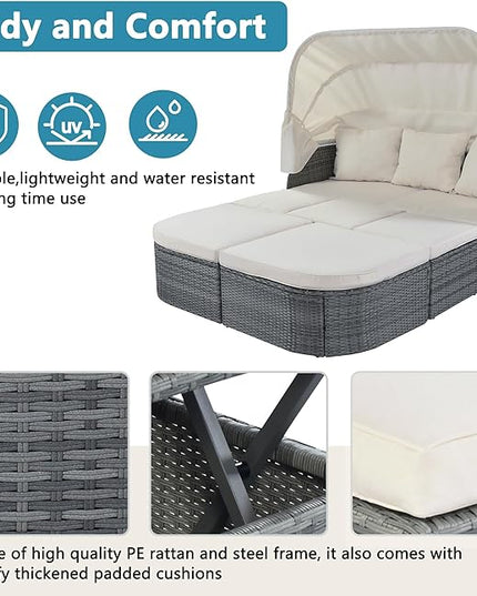 Rectangle Furniture Daybed Sunbed with Retractable Canopy, Outdoor Wicker Conversation Set with Cushions for Patio, Backyard, Porch, Garden, Hc-Beige - LeafyLoom