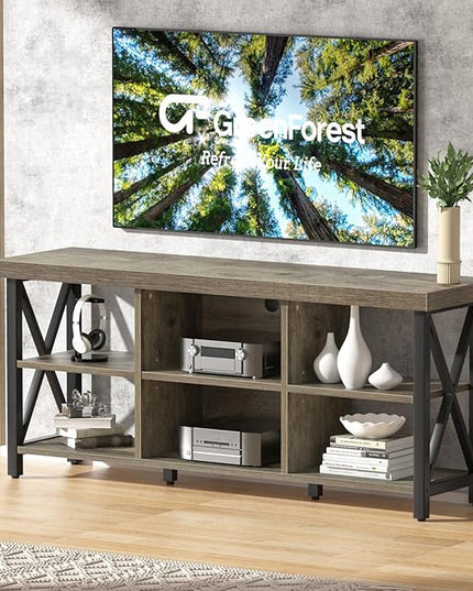 GreenForest TV Stand for TV up to 65 inches, Entertainment Center with 6 Storage Cabinet for Living Room, 55 inch Farmhouse Television Stands Console Table, Industrial TV stands for Living Room, Gray - LeafyLoom