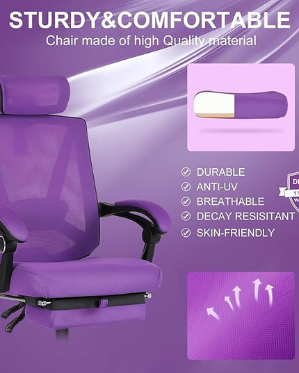 Misolant Ergonomic Office Chair with Footrest, Ergonomic Desk Chair with Adjustable 2D Lumbar Support, High Back Office Chair with Adjustable Headrest, Comfortable Office Chair Purple - LeafyLoom