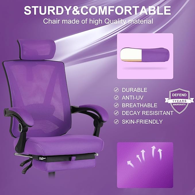 Misolant Ergonomic Office Chair with Footrest, Ergonomic Desk Chair with Adjustable 2D Lumbar Support, High Back Office Chair with Adjustable Headrest, Comfortable Office Chair Purple - LeafyLoom