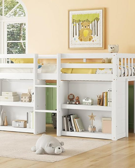 LED Twin Size Low Loft Bed for Kids,Twin Loft Bed with Storage Shelves,Kids Low Loft Bed Frame with LED Light,Space Saving, White - LeafyLoom