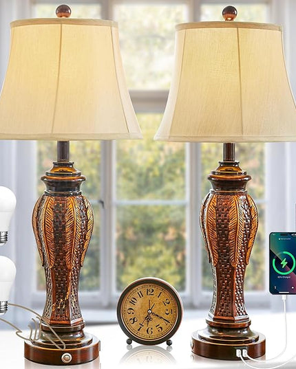 27.5''Tall Bedroom Lamps Set of 2,Rustic Farmhouse Table Lamps for Living Room,3-Way Dimmable Touch Bedside Lamps with 2-USB Charging Ports for Nightstand (Retro Bronze) - LeafyLoom