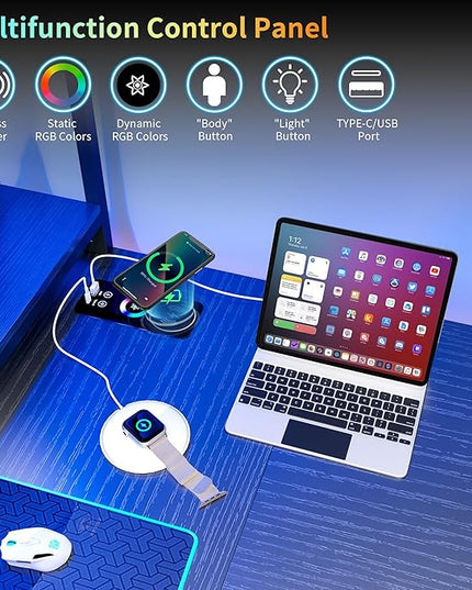 Lvifur 67” L Shaped Desk with Wireless Charging Station,24-Color RGB Dimmable Computer Desk with Pegboard,Gaming Desk with Monitor Stand, Display Stand,Human Sensor Lights for Home Office - LeafyLoom