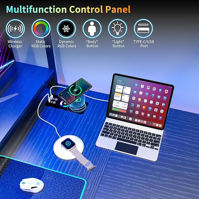 Lvifur 67” L Shaped Desk with Wireless Charging Station,24-Color RGB Dimmable Computer Desk with Pegboard,Gaming Desk with Monitor Stand, Display Stand,Human Sensor Lights for Home Office - LeafyLoom