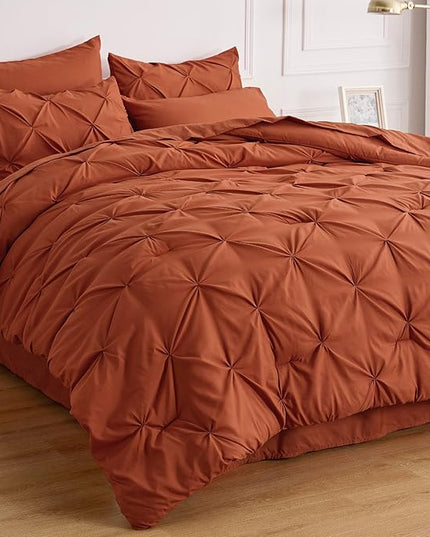 Bedsure King Size Comforter Set - Bedding Set King 7 Pieces, Pintuck Bed in a Bag Burnt Orange Bed Set with Comforter, Sheets, Pillowcases & Shams - LeafyLoom