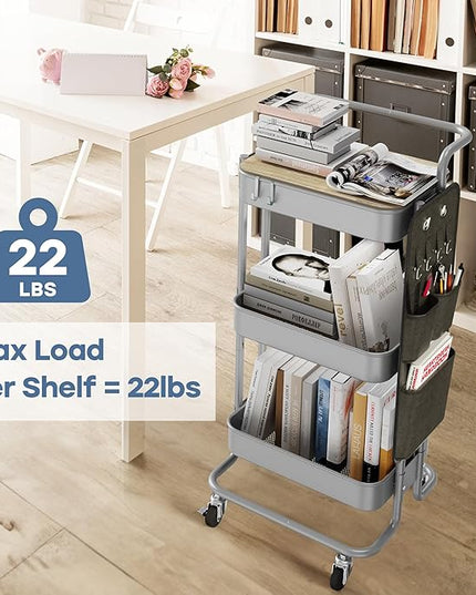 DTK 3 Tier Metal Utility Rolling Cart with Table Top and Side Bags, Tray Storage Organizer Wheels, Art Craft 4 Hooks for Kitchen Bathroom Office Living Room(Grey) - LeafyLoom