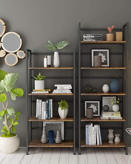No-Assembly Folding Bookshelf Storage Shelves 5 Tiers Vintage Multifunctional Plant Flower Stand Storage Rack Shelves Bookcase for Home Office(Firestone and Black) - LeafyLoom