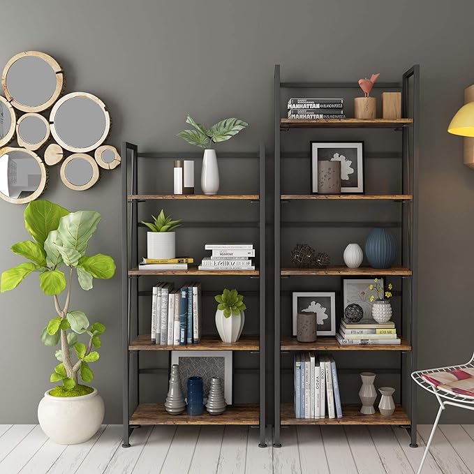 No-Assembly Folding Bookshelf Storage Shelves 5 Tiers Vintage Multifunctional Plant Flower Stand Storage Rack Shelves Bookcase for Home Office(Firestone and Black) - LeafyLoom