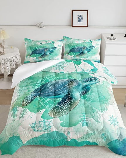 CVHOUSE Sea Turtle Bedding Set,Sea Turtle Comforter Twin,Ocean Bohemia Comforter Set for Boys Kids Girls,Ocean Quilt Set with 1 Comforter and 2 Pillow Cases - LeafyLoom