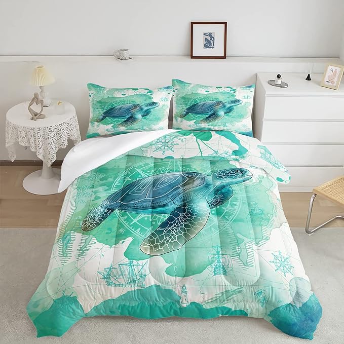 CVHOUSE Sea Turtle Bedding Set,Sea Turtle Comforter Twin,Ocean Bohemia Comforter Set for Boys Kids Girls,Ocean Quilt Set with 1 Comforter and 2 Pillow Cases - LeafyLoom