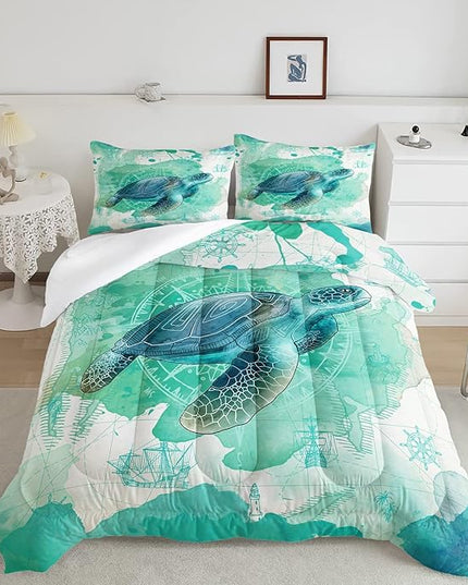 CVHOUSE Sea Turtle Bedding Set,Sea Turtle Comforter King,Ocean Bohemia Comforter Set for Boys Kids Girls,Ocean Quilt Set with 1 Comforter and 2 Pillow Cases - LeafyLoom