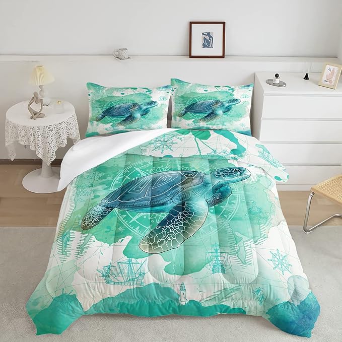 CVHOUSE Sea Turtle Bedding Set,Sea Turtle Comforter King,Ocean Bohemia Comforter Set for Boys Kids Girls,Ocean Quilt Set with 1 Comforter and 2 Pillow Cases - LeafyLoom
