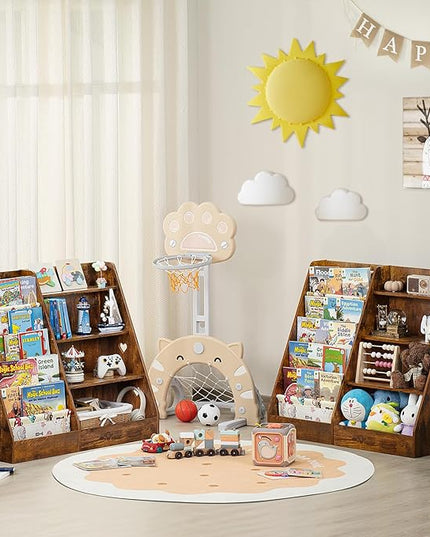 Lerliuo 4 Tier Kids Bookshelf and Storage Organizer, Five Layer Sling Children Bookcase, Baby Toddler Wooden Book Shelf, Display Cabinet for Playroom, Bedroom, Classroom, Nursery, School (Brown) - LeafyLoom