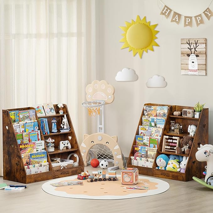 Lerliuo 4 Tier Kids Bookshelf and Storage Organizer, Five Layer Sling Children Bookcase, Baby Toddler Wooden Book Shelf, Display Cabinet for Playroom, Bedroom, Classroom, Nursery, School (Brown) - LeafyLoom