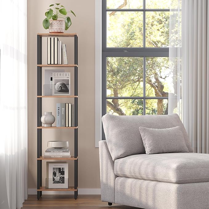 TUTOTAK Bookshelf, 6-Tier Tall Book Shelf, Narrow Bookcase for Small Space, DIY Stackable Bookshelf, for Living Room, Office, Study, Entryway, Industrial, Rustic Brown BS01BB006 - LeafyLoom