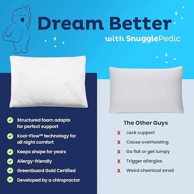 Snuggle-Pedic Shredded Memory Foam Pillow - The Original Cool Pillows for Side, Stomach & Back Sleepers - Sleep Support That Keeps Shape - College Dorm Room Essentials for Girls and Guys - King - LeafyLoom