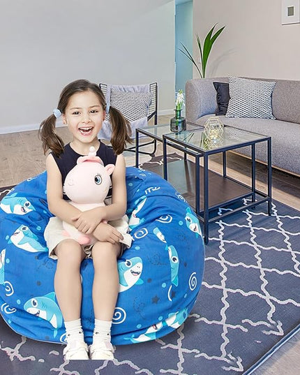 Stuffed Animal Storage Bean Bag Chair Cover, Hold Kids Plush Toys Blankets Towels Beanbag (Cover Only), Canvas Floor Circle Stuff Sit Seat Sofa with YKK Zipper, Large 32", Blue Shark - LeafyLoom