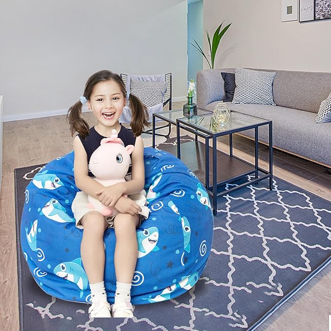 Stuffed Animal Storage Bean Bag Chair Cover, Hold Kids Plush Toys Blankets Towels Beanbag (Cover Only), Canvas Floor Circle Stuff Sit Seat Sofa with YKK Zipper, Large 32", Blue Shark - LeafyLoom