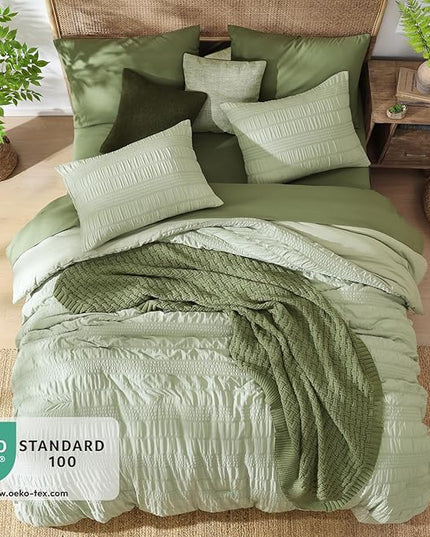 CASAAGUSTO Queen Comforter Set, 7 Pieces Sage Green Seersucker Bed in a Bag Queen Size Soft All Seasons, Bedding Sets with Comforter, Flat Sheet, Fitted Sheet, 2 Pillow Shams, 2 Pillowcases - LeafyLoom