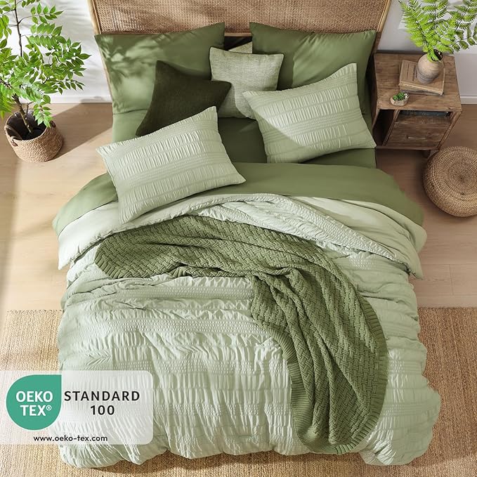 CASAAGUSTO Queen Comforter Set, 7 Pieces Sage Green Seersucker Bed in a Bag Queen Size Soft All Seasons, Bedding Sets with Comforter, Flat Sheet, Fitted Sheet, 2 Pillow Shams, 2 Pillowcases - LeafyLoom