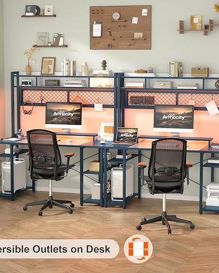 armocity 2024 Upgrade Gaming Desk with Hutch, 48'' Magic Computer Desk with LED Lights and Outlets, Reversible Workstation Desk with Pegboard and Monitor Stand, 48 Gamer Desk PC Table, White and Blue - LeafyLoom
