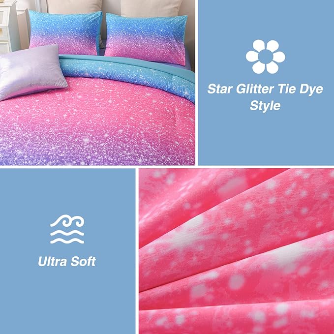 A Nice Night 6Pcs Gradient Glitter Bedding Set for Girls Twin Size, Colorful Rainbow Galaxy Comforter Set, Ultra Soft Bedding Sets, Blue - LeafyLoom